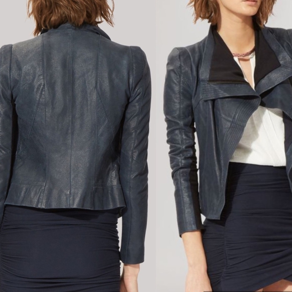 MAJE Bennie Leather Navy Blue/ Black Biker Jacket Suede | Two Tone